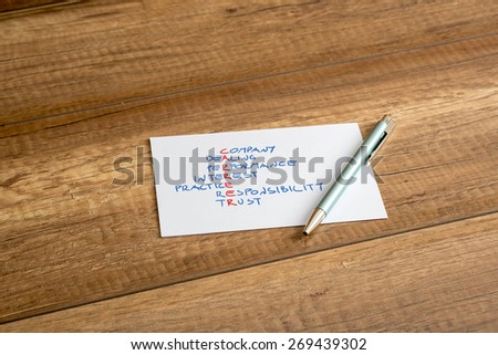 Conceptual Career Acronym with Other Related Words on a White Card, Emphasizing Company, Dealing, Performance, Interest, Practice, Responsibility and Trust. Placed on Top of a Wooden Table with Pen.