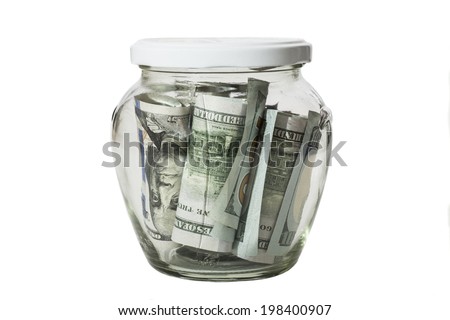 Money banknotes jar full of savings isolated on white background