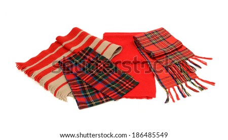 Cute winter tartan scarves with fringe. Different styles of red scarves isolated on white background.