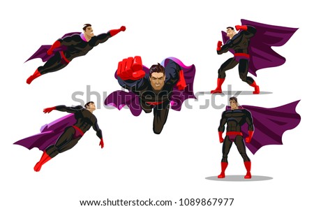 Comic superhero actions in different poses. Hero set. Male super hero vector cartoon characters. Vector illustration. Set or collection of heroic cartoon character.