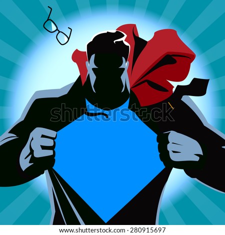 Superhero tearing his shirt. Vector illustration. Silhouette