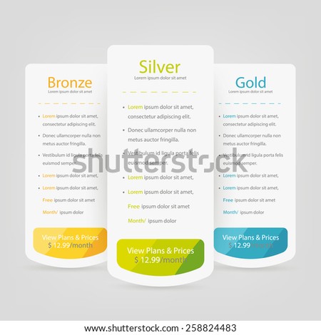 Bright pricing table, banner, order, box, button, list and bullet with plan for website.