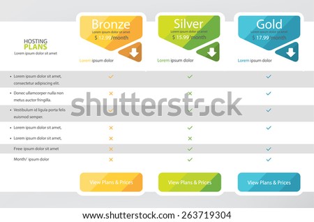 Pricing plans, boxes, table for websites and applications. Hosting banner. Vector illustration