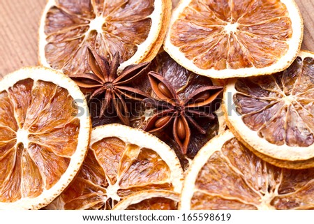 Decoration with dried orange peels,  spices - cinnamon  and anise stars
