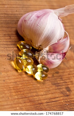 Garlic oil capsules. Vitamin pills