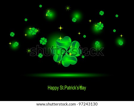 Glass green clovers and stars on black background