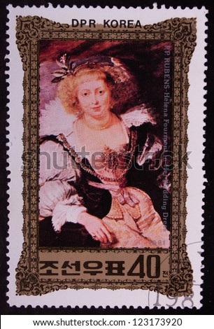 KOREA - CIRCA 1981: A stamp printed in Korea shows aristocrat woman in a black and white dress, circa 1981.