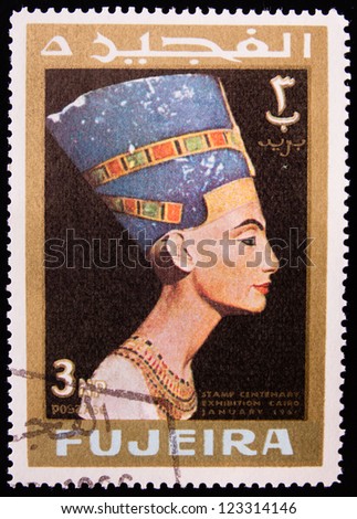 FUJAIRAH - CIRCA 1966: A stamp printed in Fujairah shows the queen of the Egypt Nefertiti , circa 1966.
