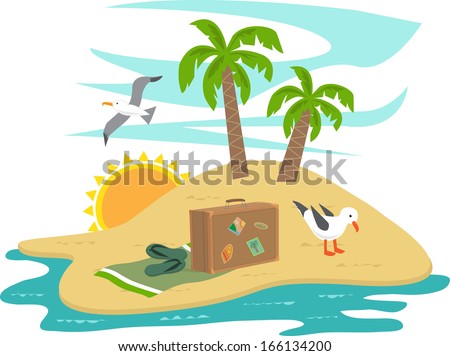 Island Vacation - Cartoon island with seagulls, trees and vacation items. Eps10