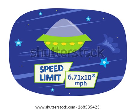 The speed of light - Cartoon spaceship traveling through space with signs that says 