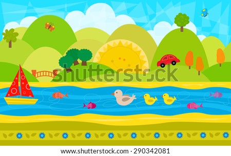 Cheerful Day Pattern - Cute playful imaginative landscape with hills, river and animals. Eps10