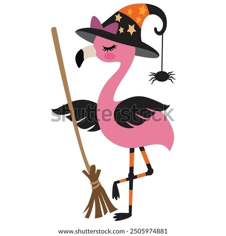 Halloween flamingo witch vector cartoon illustration