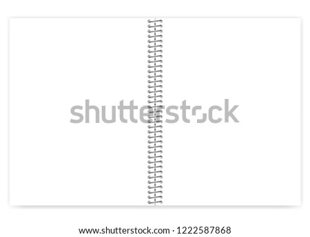 Open empty blank wire bound notebook with metal spiral, realistic vector mock up. Loose leaf white clear notepad spread, template