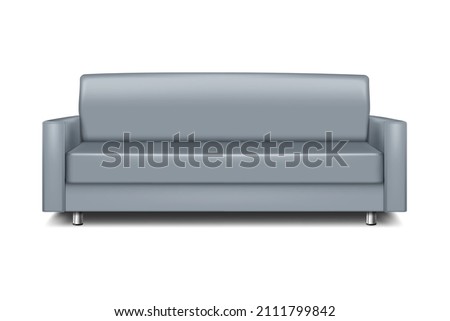 Gray modern sofa - realistic vector illustration. Grey leather couch with metal legs