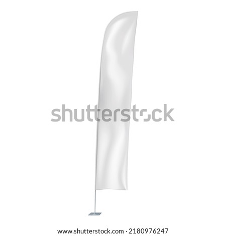 White blade wind event flag vector mock-up. Blank banner on metal pole mockup. Vertical advertising sign template