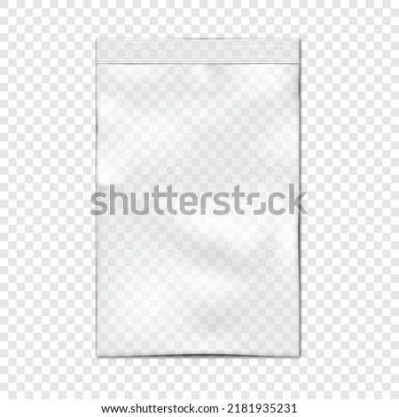 Clear vinyl zipper pouch on transparent background vector mock-up. Blank empty plastic bag with zip lock mockup