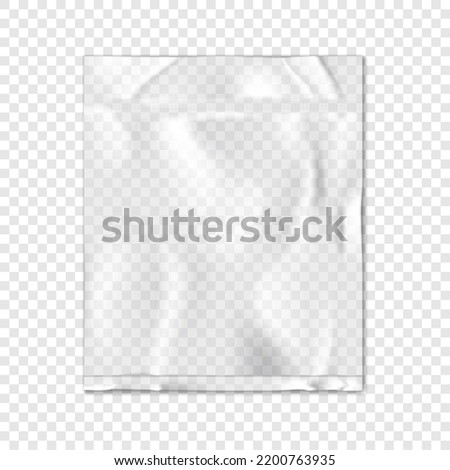Vacuum sealed clear vinyl pouch on transparent background vector mock-up. Blank empty square flat plastic bag package mockup