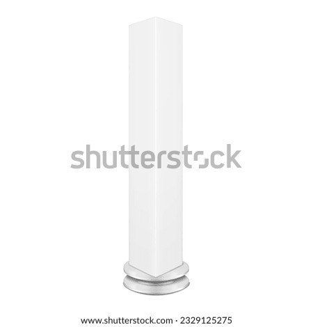 Rotating blank advertising column banner stand vector mockup. White led pillar display realistic mock-up. Trade show tower template