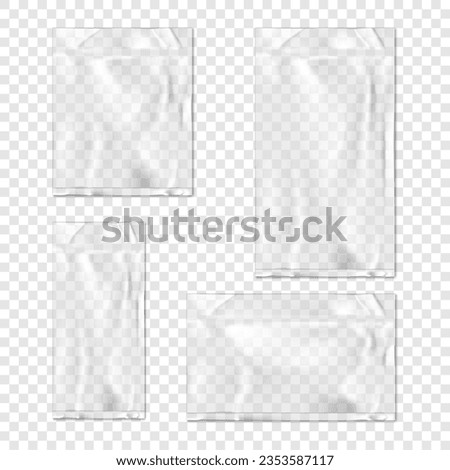 Vacuum sealed clear vinyl pouch. Vector mock-up set. Blank empty transparent plastic bag package mockup kit