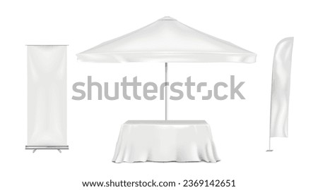 Exhibition set template. Blank white large umbrella parasol, table covered with tablecloth, blade wind event flag, roll-up retractable banner stand. Vector mock-up. Business trade show mockup kit