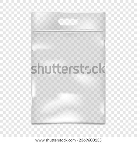 Clear vinyl resealable zipper pouch with cut handle vector mockup. Blank transparent plastic bag with zip lock and hanging hole mock-up. PVC envelope zipper package template