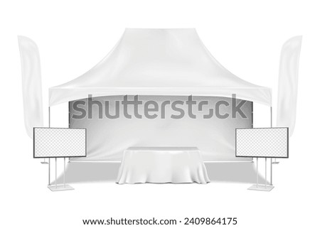Exhibition set template. Blank white gazebo canopy tent, video TV LCD display stands, feather wind flag banners, table covered with tablecloth. Vector mock-up. Trade show booth mockup kit