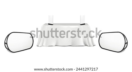 Exhibition set template. Table covered with white tablecloth with blank double-sided floor and countertop pop banner display stands mockup. Trade show booth kit. Vector mock-up