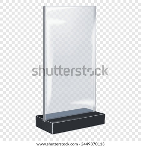 Clear acrylic table tent vector mockup. Double sided plexiglass sign holder realistic mock-up. QR code, promo poster, menu display counter stand template