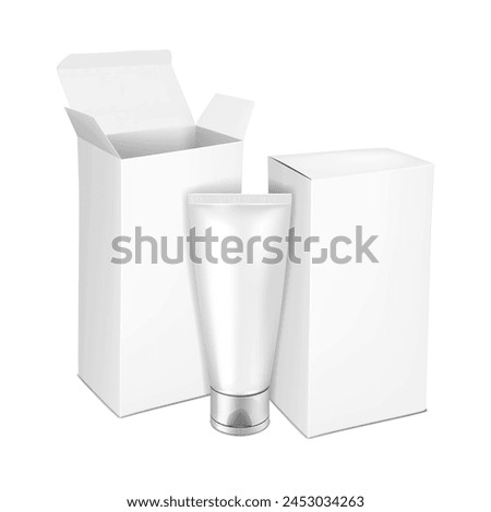 Squeeze tube with screw flip top cap and blank white carton packaging. Realistic mockup. Plastic collapsible tube with paperboard box mock-up. Skincare product pack. Vector template for design