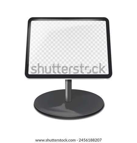 Countertop tablet holder podium stand with transparent screen vector mockup. Table digital display mock-up. Template for design