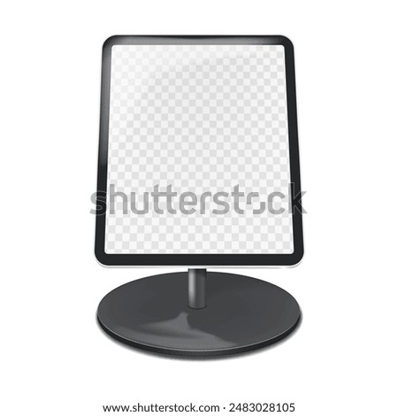 Countertop tablet holder podium stand with transparent screen vector mockup. Table digital display mock-up. Template for design