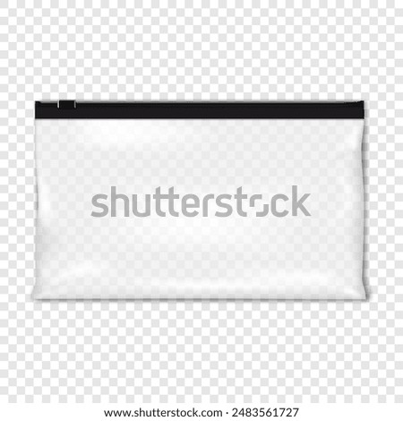 Clear plastic zip seal slider poly bag. Realistic vector mock-up. Transparent glossy zipper PVC vinyl pouch package with black zip lock. Mockup