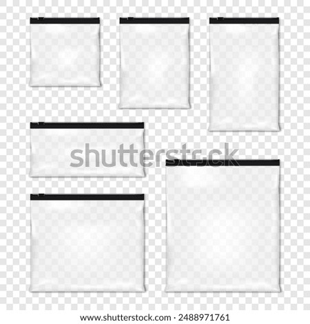 Clear plastic zip seal slider poly bag. Realistic vector mock-up set. Transparent glossy PVC vinyl pouch with black zip lock. Mockup kit. Zipper envelope sleeve package. Template collection