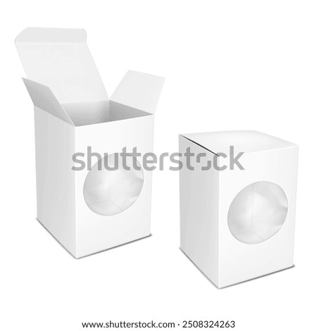 White cardboard box with clear plastic round window and tuck-in flap. Open and closed. 3d mockup. Empty transparent front paperboard container packaging template. Realistic vector mock-up