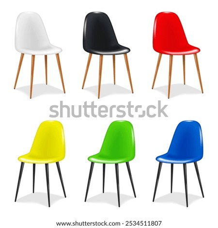 Four legged chair. White, black, red, yellow, green, blue color set. 3d mockup. Easy editable. 4 leg base chair. Realistic vector mock-up kit