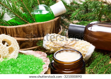 Spa products and accessories: sea salt in shell, loofah, wisp of bast, skin care cream, shampoo and shower gel with pumice in wooden basket surrounded by fir branches. Close-up, shallow depth of field