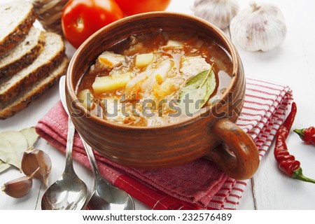 Cabbage soup on the table. Russian traditional dish