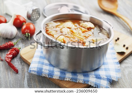 Cabbage soup with meat. Russian traditional dish