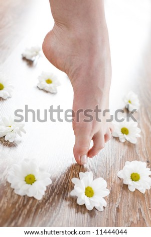 View of nice smooth female foot on the dark floorboard.