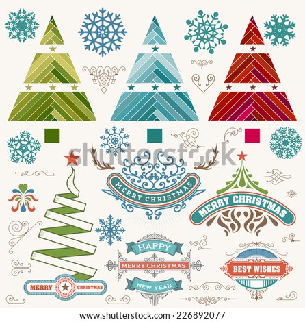 Christmas decoration design elements. Merry Christmas and happy holidays wishes. Vintage labels, frames, ornaments and ribbons, set.