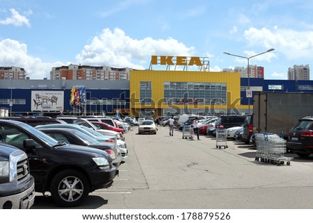 MOSCOW, RUSSIA - JUNE 12, 2013: The advertising tower in IKEA trade center in Khimki city. IKEA is the biggest landowner in Russia - 2,18 million square meters of commercial real estate on 2013.