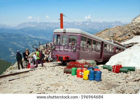 MONT BLANC, FRANCE - JUNE 25, 2010: Nid d\'Aigle the last station Mont Blanc Tramway at 2386 meters in Chamonix. The line is worked by three motor coaches which are named Anne, Marie and Jeanne.