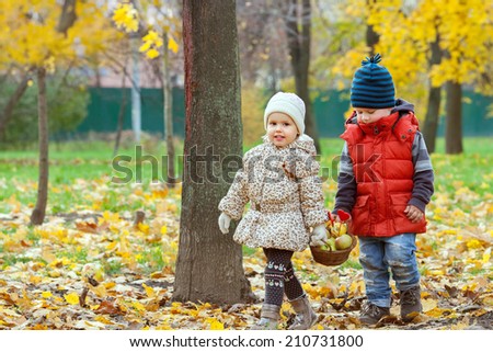 small boy and girl with a basket step on the fallen leaves in autumn Park