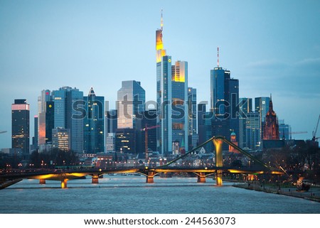 FRANKFURT, GERMANY - JAN 11, 2015: The evening view of Frankfurt am Mine skyscrapers, Germany