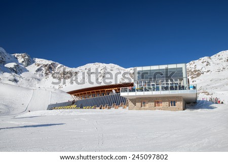 SERFAUS, AUSTRIA - JAN 07, 2015: The restaurant with big sunny veranda at Serfaus-Fiss-Ladis mountain skiing region