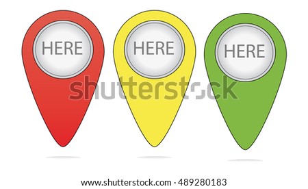 three map pointer: red, yellow and green with word here