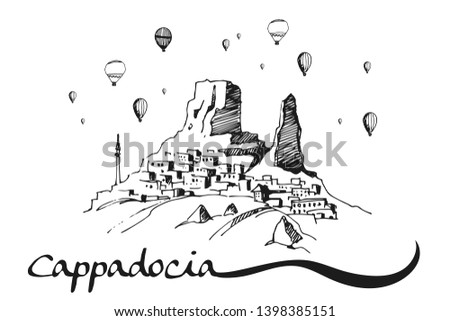 Hand drawn illustration Cappadocia, Turkey - caves, stones and ballons. Turkish famous symbol for print or poster design. Vector 