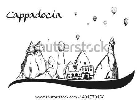 Cappadocia. Hand drawn turkish famous travel place. Gradient color. Caves, stones and ballons in the sky. Vector illustration for banner or print design