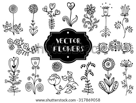 Doodles flowers. Decor elements for wedding,Valentines day,holidays,birthday,easter,mothers day cards. Vector/ Isolated.
