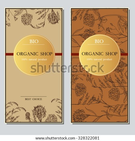 template label with hand-draw wild flowers and herbs. Layout, mockup design for cosmetics, store, label, natural and organic products